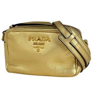 Prada Logo Shoulder Bag Leather Gold 1 Bh096